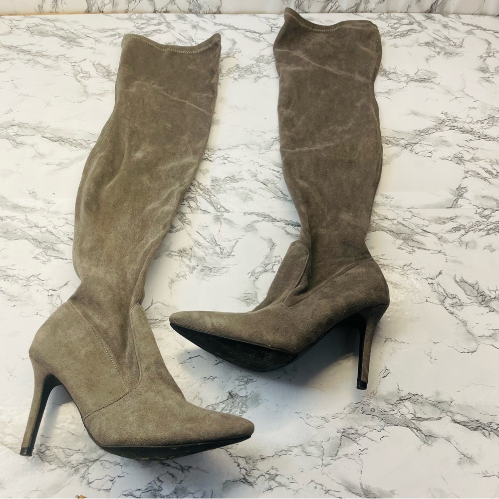 Herstyle Tan Gray Over the Knee Boots with Stiletto Heel 7